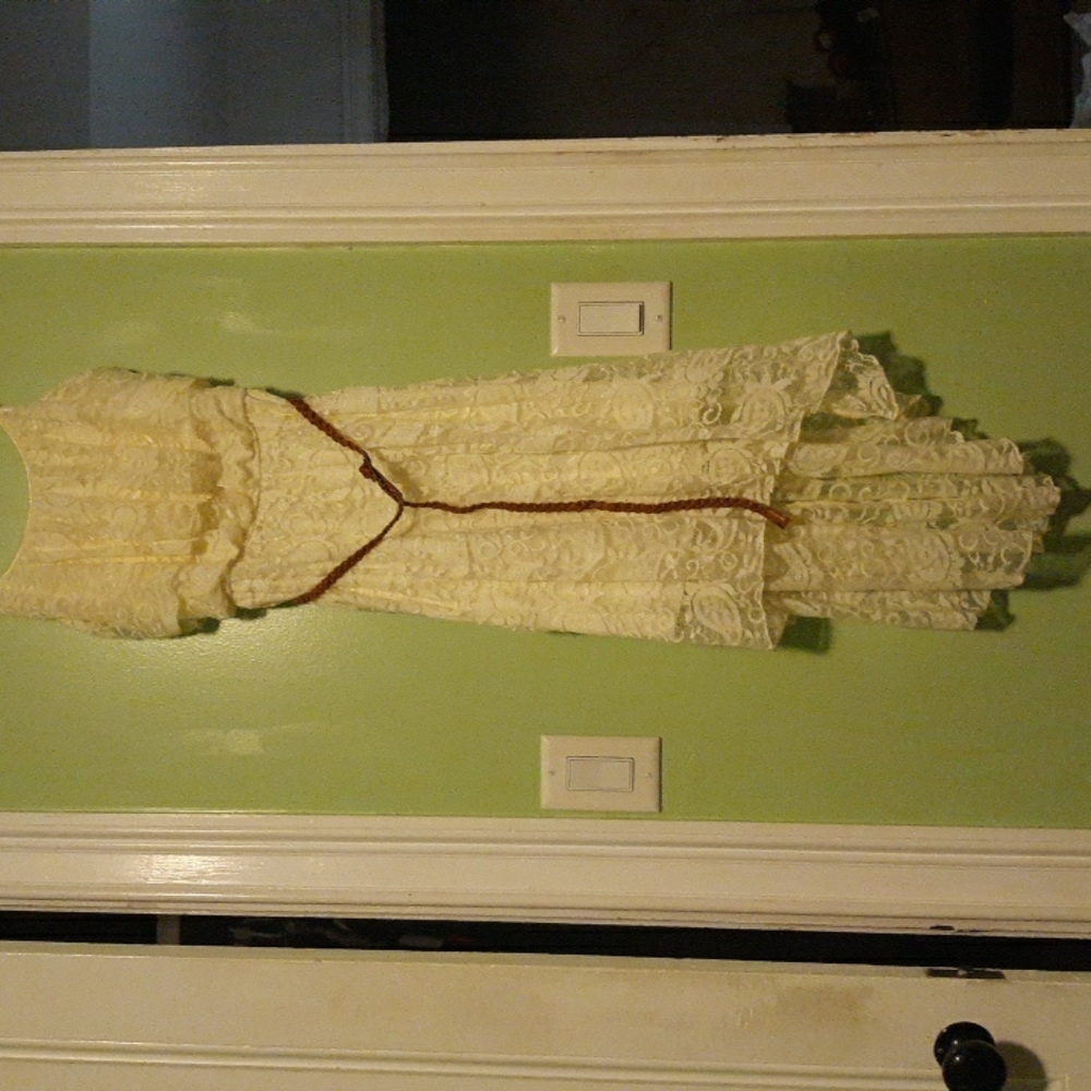 Off- white lacy spaghetti strap dress with belt,  sz L